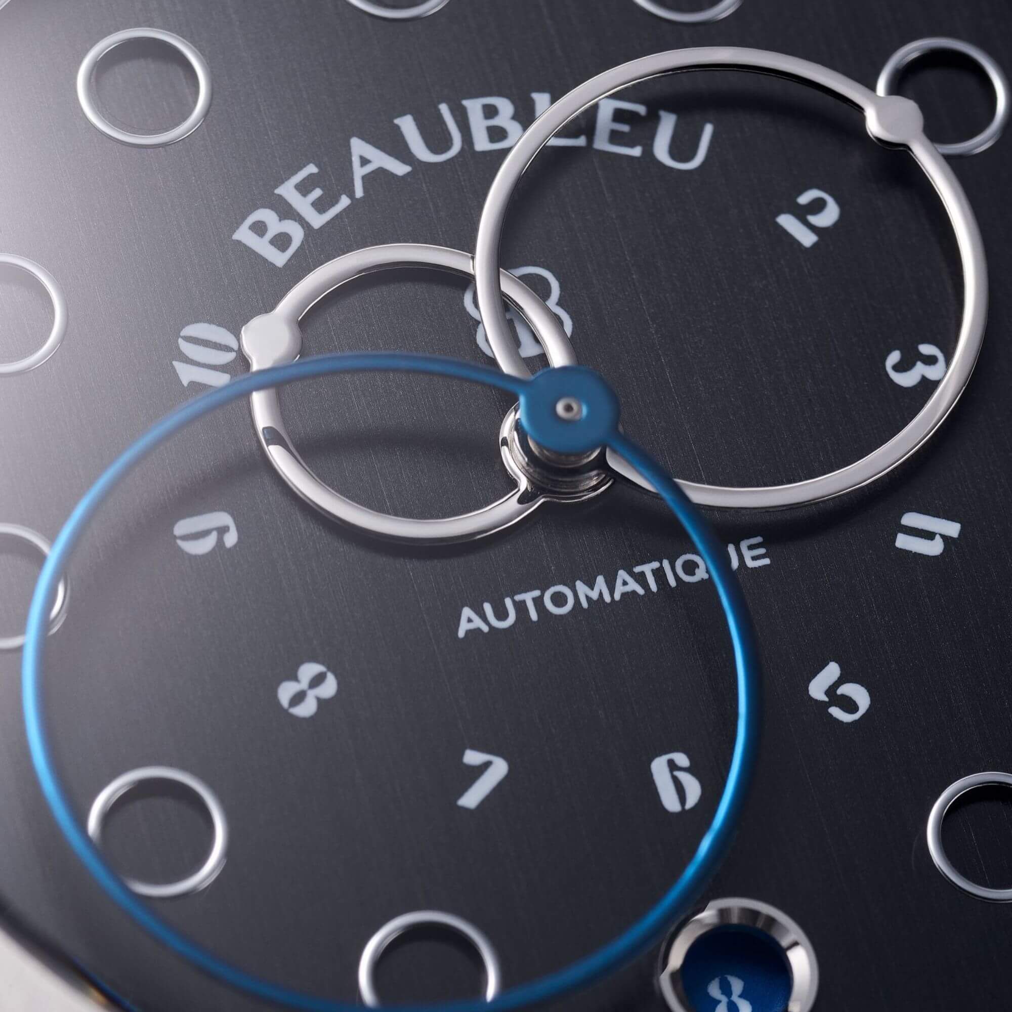 Cadran montre Beaubleu Date Noir, aiguille acier, trotteuse et date bleu